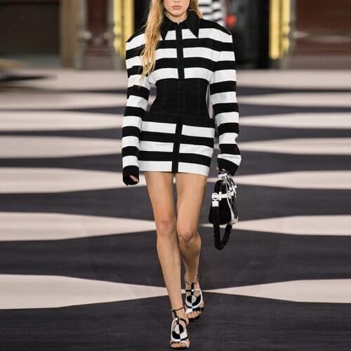 Black White Matching Wide-shoulder Striped Womens Dress Leather Velvet 2020 Autumn Winter New Runway Long Sleeve Dresses Female