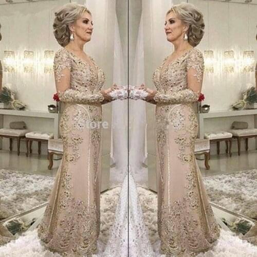 Elegant Mother Of The Bride Dresses Mermaid Long Sleeves Lace Beaded Long Wedding Party Dresses Mother Dresses For Wedding