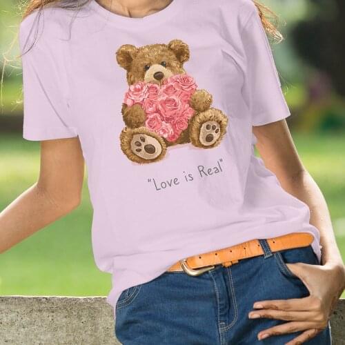 BLINGPAW Teddy Bear Love Is Real Letter Print T-shirt White Cotton Unisex Top&Tees Summer Custom Tee Shirts