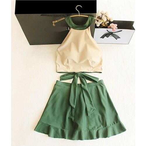 GLAUKE womens high waist skirt two piece set sexy open back lace up bow small chest gathered Swimsuit Bathing in hot spring