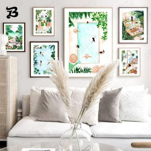 Canvas Painting Wall Art Vacation Wear Swimsuit Girl Palm Banana Leaf Wall Art Green Plant Poster Print Wall Picture Decor