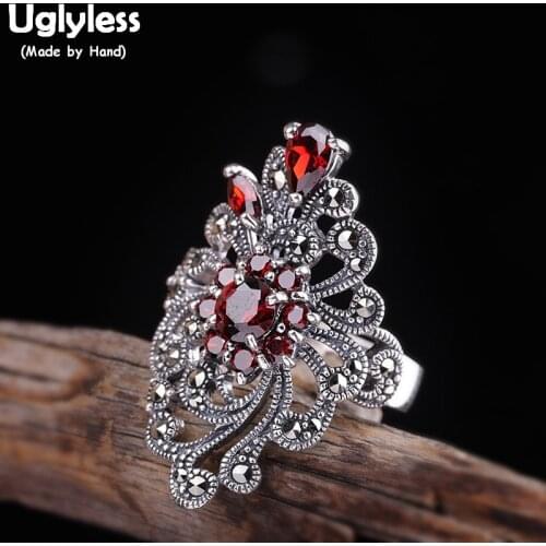 Uglyless Exaggerated Blooming Gradient Flower Open Rings for Women Club Dress Garnet Rings 925 Silver Hollow Floral Jewelry R796