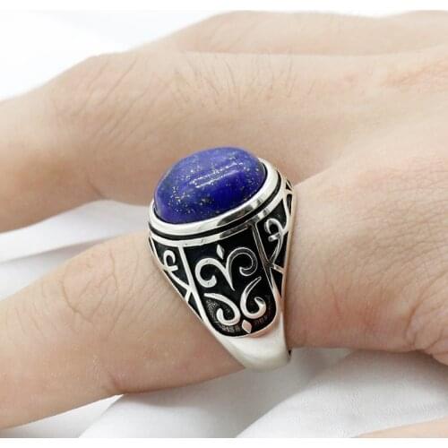 Vintage Mens Ring with Natural Lapis Lazuli Blue Stone 925 Sterling Silver Exquisite Carving Male Women Turkish Health Jewelry