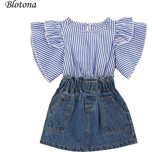 Blotona Kids Baby Girls Fashion 2-piece Outfit Set Fly Sleeve Striped Tops+Denim Skirt Summer Set 2-7Years