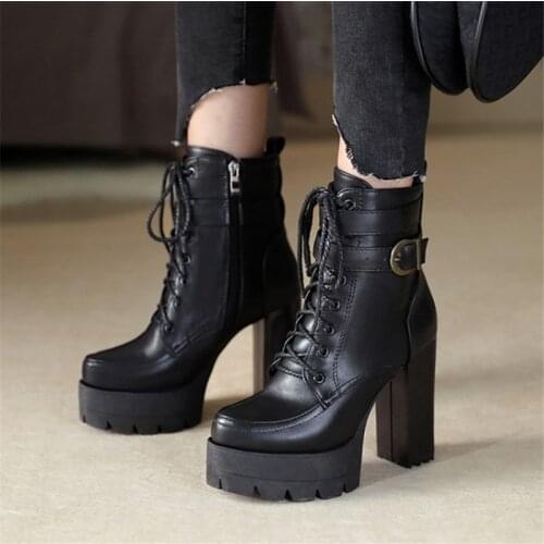 PXELENA Plus Size 34-43 Buckle Motorcycle Punk Rock Gothic Ankle Boots Block Chunky High Heel Platform Combat Boots Winter Shoes