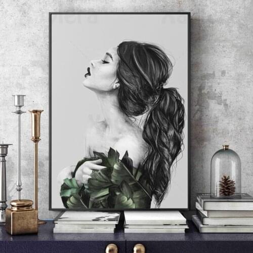 Sexy Fashion Girl Side Canvas Painting Plant Black and White Art Posters and Prints Home Decoration Girl Bedroom Frameless Mural