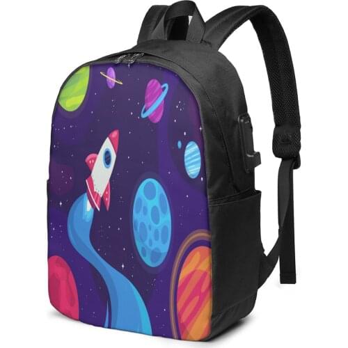 School Laptop Backpack Cartoon Galaxy Space 17 inch Travel Multi USB Charger Bag