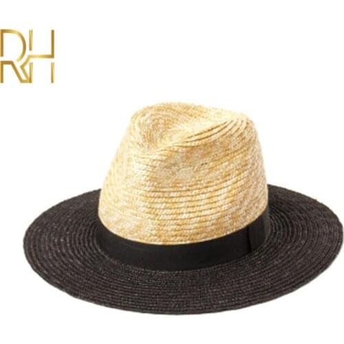 Spring Summer New Color Contrast Natural Black Wheat Grass Jazz Hat Outdoor Travel Sunscreen Sunshade Beach Fedora Straw Hats