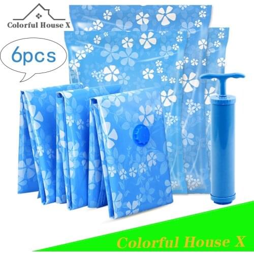 6pcs Vacuum Compression Bag Suction Pump LargeCapacity Clothing Finishing Packing Sack Thickened Moisture-Proof Storage Bag Blu