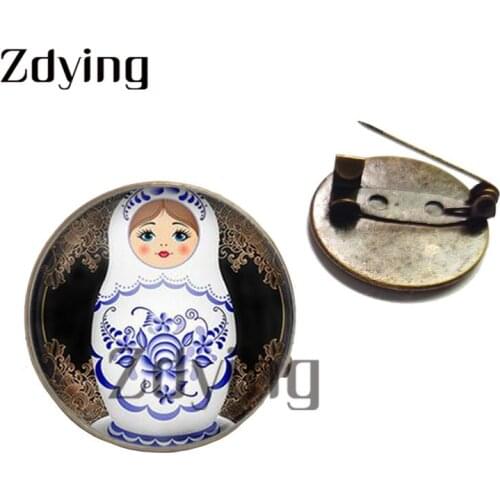 Zdying 20mm Vintage Russian Dolls Badge Brooches Round Glass Photo Cabochon Dome Brooch Pins For Bag Clothes Accessories EE040
