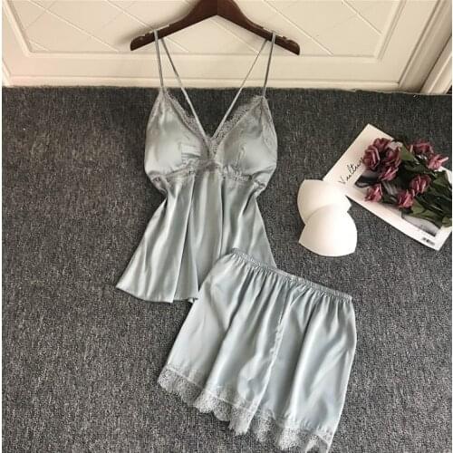 Women satin silk pajamas padded homwear new nightwear top +pant 2 piece set pijimas