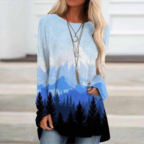 Women Mountain Printed T-Shirts Pullover Forest Landscape Long Sleeve Shirts Tops Clothes Autumn Female Clothes Streetwear