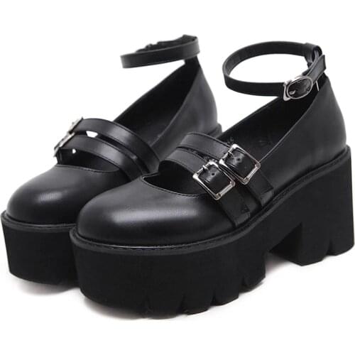 Gdgydh Womens Pump Gothic Shoes Ankle Strap High Chunky Heels Platform Punk Creepers Shoes Female Fashion Buckle Comfortable