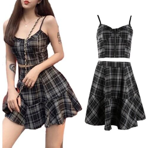 Gothic Womens Summer Sexy Punk Check Plaid Grid Zippered Camisole Crop Top And Short Mini A Line Pleated Skirt Two Pieces Set