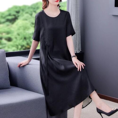 2021 Women Vintage Black Mulberry Silk Dresses Summer Solid 4XL Plus Size Embroidery Midi Dress Elegant Bodycon Party Vestidos