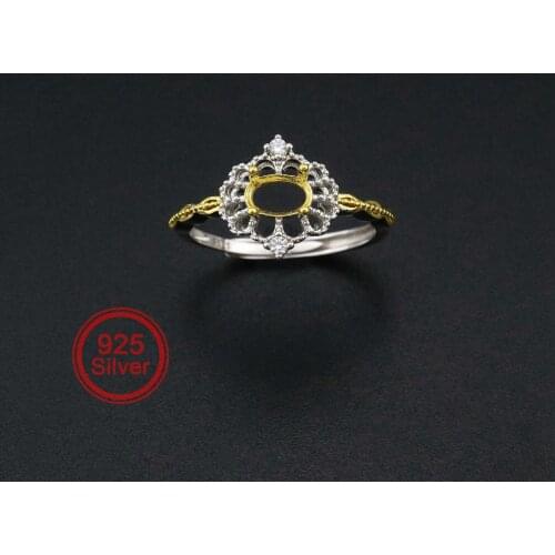 4x6MM Oval Bezel Pave CZ Stone Lace Vinatge Style Gold Plated Solid 925 Sterling Silver Adjustable Prong Ring Settings 1222033