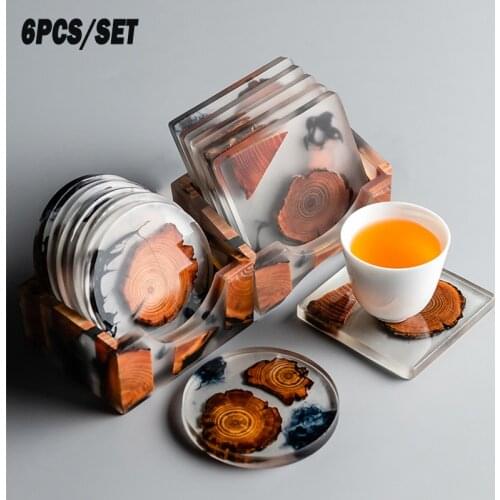 6Pcs Creative Annual Ring Resin Coaster Dinner Table Heat Insulated Coffee Tea Cup Placemats