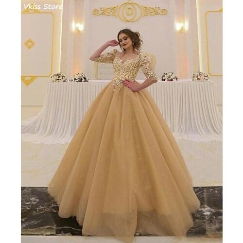 A-line Simple Applique Laces Evening Dress Floor Length Half Sleeves V-neck Tulle Champagne Prom Dress вечерние платья платье