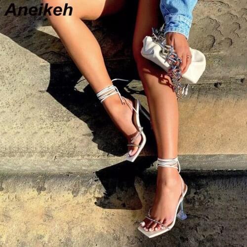 Aneikeh 2021 NEW Sexy PVC Cross-Tied Ladies Sandales Summer Peep Toe High Heel Solid Fashion Crystal Gladiator Party Women Shoes