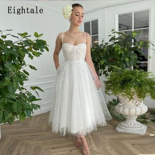 Eightale White Glitter Prom Dresses 2021 Spaghetti Strap A-Line Tea Length Backless Custom Made Arabic Wedding Party Gowns