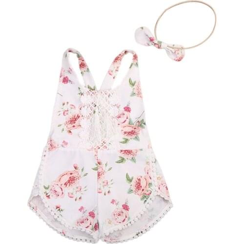 FOCUSNORM Newborn Baby Girls Boys Bodysuits Headband 2pcs Flowers Print Lace Sleeveless Jumpsuits 6-12M