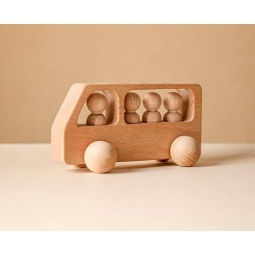 1Set Montessori Wooden Toys for Kids Four Wheels Beech Wood Bus Little Doll Teething Blocks Educational Toys Baby Birthday Gifts