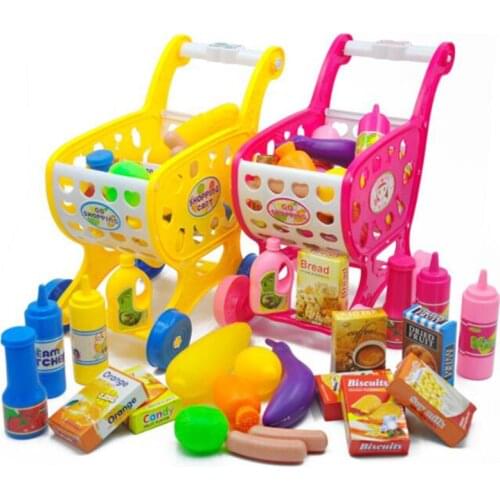 Childrens shopping cart toy girl supermarket trolley 19 pieces with fruit baby stroller toy