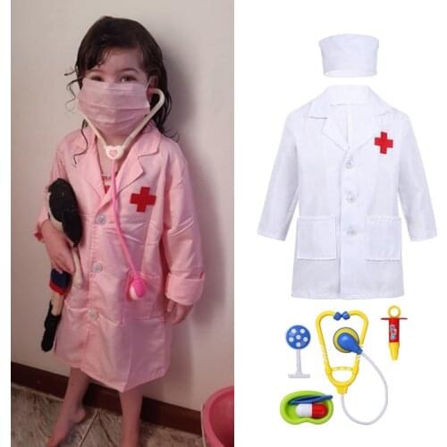 Kids Scrubs Uniform Boys Girls Surgeon Halloween Cosplay Costume Surgical Veterinary Lab Coats Gown Hat Pink Tools Accessories
