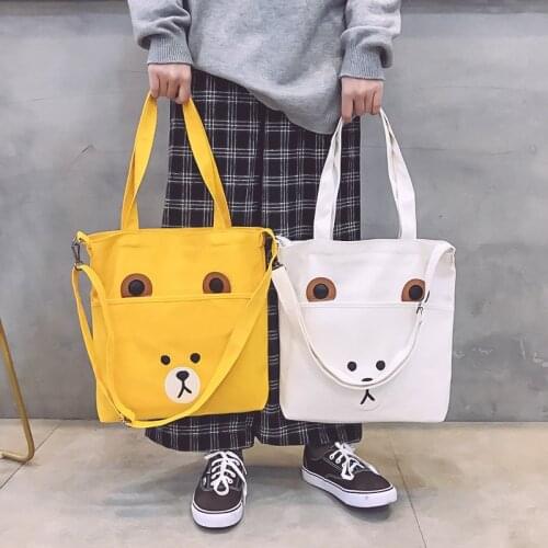 Women Canvas Tote Ladies Casual Shoulder Bag Foldable Shopping Bags Beach Bag Cloth Cartoon Bear Style Female Handbag