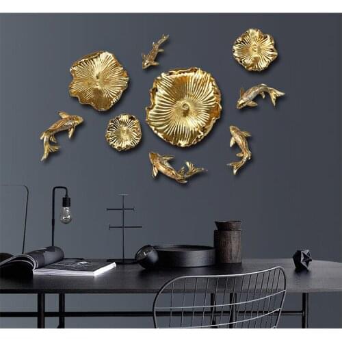 Chinese Gold Lotus Leaf Fish Shell Resin Accessories Art Hotel Porch Wall Hanging Decoration Home Livingroom Wall Sticker Crafts