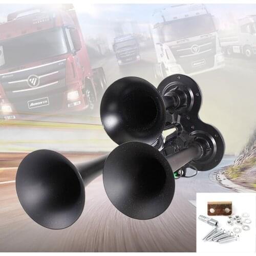 12V/24V 150DB Compact Triple Air Horn Kit Triple Trumpet Ultra Loud 3 Tone Sound Black Metal for Car Boat Vehicle Motorcycle