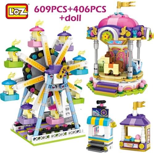 Amusement Park Mini Blocks Friends Ferris Wheel Carousel Pirate Ship Pirate Ship Building Blocks DIY Bricks Toys for Girls
