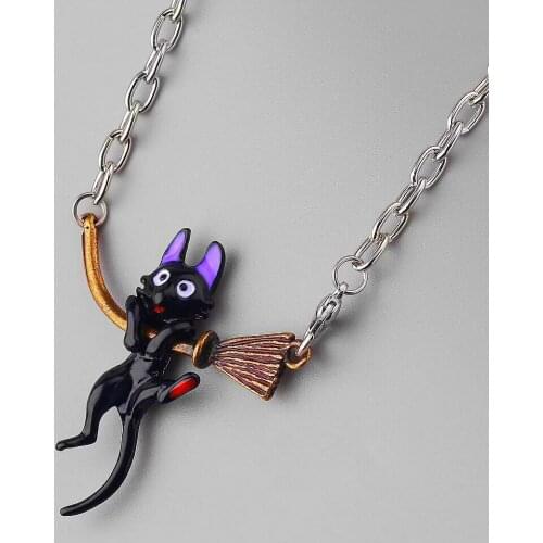 Miyazaki Anime Necklace Black Cat Hanging Wand Kikis Delivery Service Wand Magic Broom Pendant Necklaces Jewelry Accessories