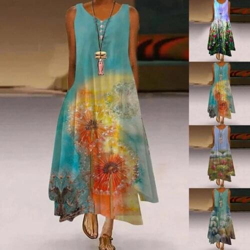 Fashion Summer Maxi Dress Womens Printed Sundress Casual Sleeveless Universal Exquisite Women Flower Print Long Dress for Summe