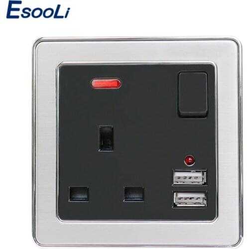 Esooli Wall Power Socket UK Standard Socket With Neon 2.1A Dual USB Charger Port Stainless Steel Frame Black Outlet
