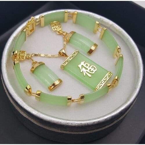 Natural Green Jade 18KGP Fortune Pendant Necklace Drop Earring Bracelet set