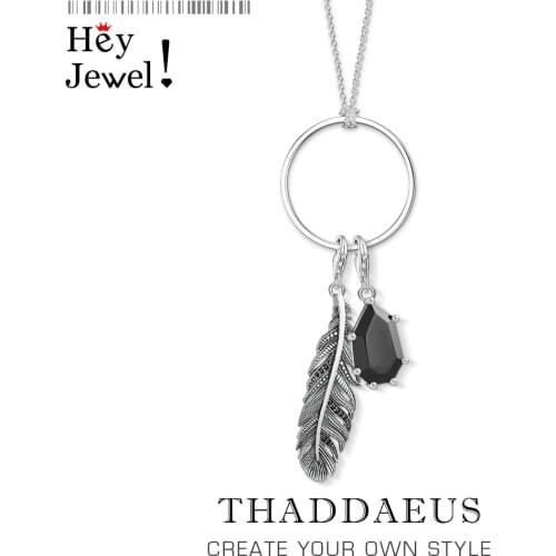 Charm Necklace Feather & Black Stone,2020 Spring Fashion Jewelry Europe 925 Sterling Silver Bijoux Vintage Gift For Women Men