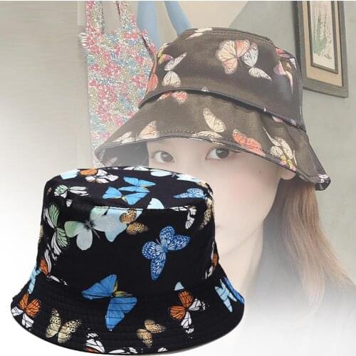 Butterfly Print Fisherman Hat Summer Hat Panama Bucket Cap Flat Visor Fisherman Hat Cotton Double-sided Outdoor Bucket Sun Cap