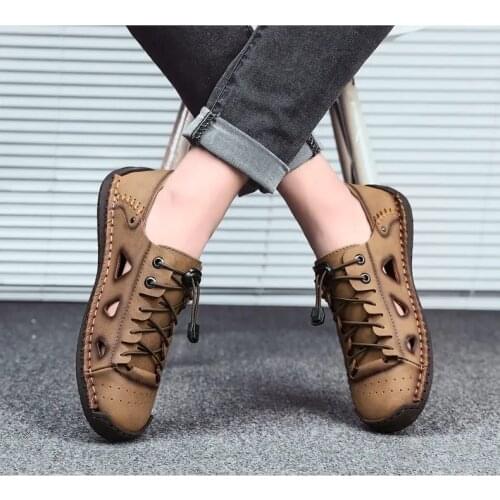 Mens Sandals Summer Leather Breathable Fashion Baotou Casual Shoes Hollow Anti Slip Soft Sandals Beach Shoes Size 38-48