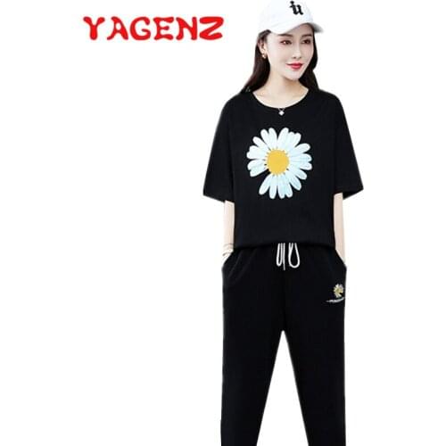 YAGENZ Summer Two Piece Set Women Plus size Suit Fashion Casual Outfit Short Sleeve Floral Print Tops Long Pants 2 Piece Set 769