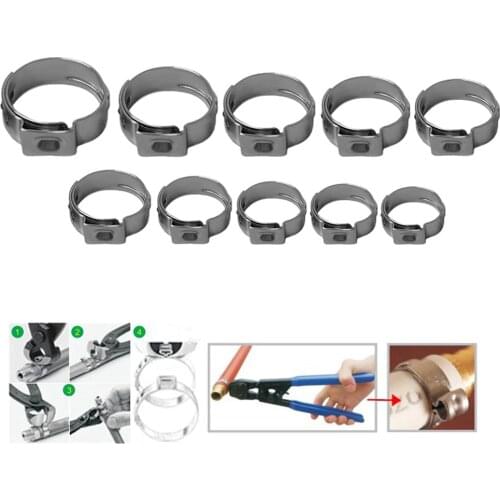Stainless Steel Single Ear Hose Clamp 10pcs 5.3-14.5mm Crimp Hose Clamp Assortment Kit Ear Stepless Cinch Rings Crimp Pinch Fit