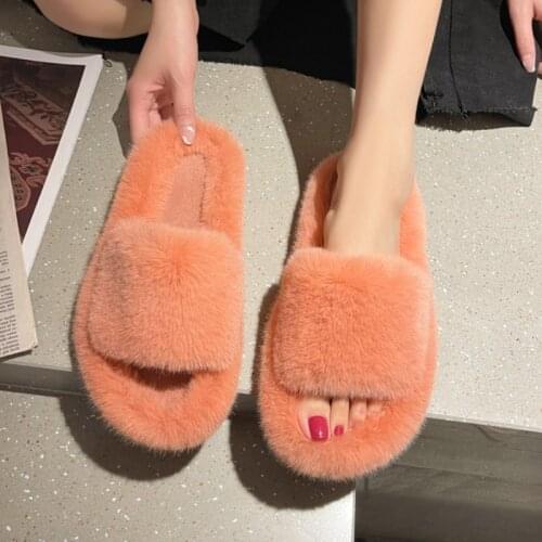 Winter Indoor Women Faux Fur Slippers Warm Fluffy Soft Furry Slides Plush Flat Non Slip House Shoes Ladies Luxury Footwear Fuzzy