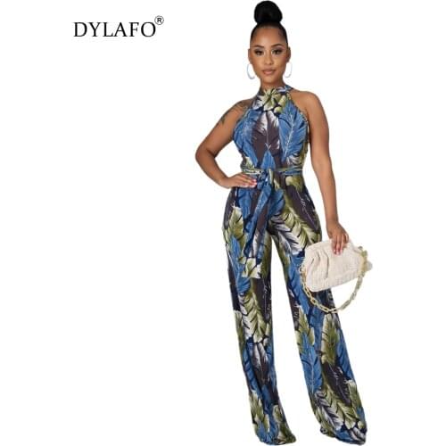 Fashion Halter Jumpsuit Womens Sleeveless Belt Digital Floral Print Streetwear One-Piece Rompers Wide Legged Pants Summer 2021