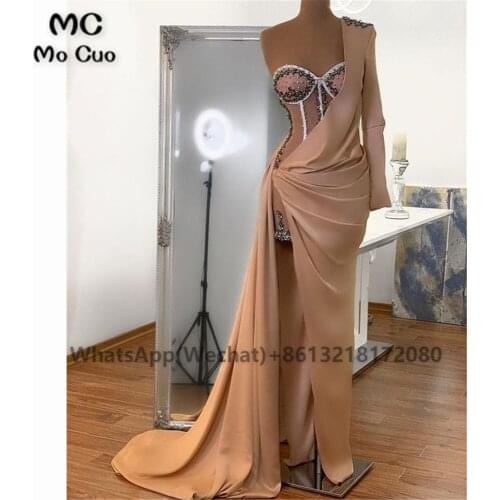 Sheath 2021 One Shoulder Prom Evening Dresses Beaded Sweetheart Ruched Satin Sweep Train Womens Evening Gown Custom Made