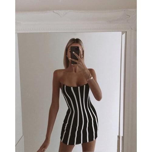 2020 Autumn New Sexy Off Shoulder Sleeveless Black Striped Mini Bodycon Bandage Dress Rayon Femal Club Party Dress