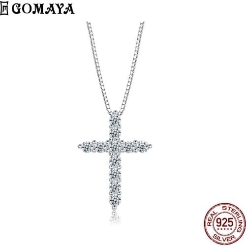 GOMAYA 925 Sterling Silver Pendant Necklaces For Women Classic Cross Full Shine Cubic Zirconia Necklace Anniversary Fine Jewelry
