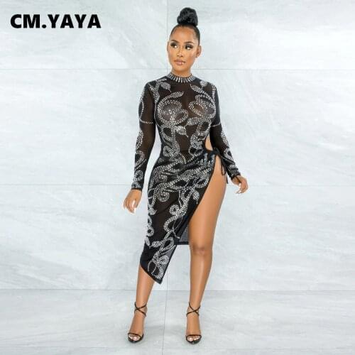 CM.YAYA Women Midi Dress Full Sleeve Half High Collar Diamonds Bandage Hollow Out Split Dresses Sexy Party Vestidos Summer 2021