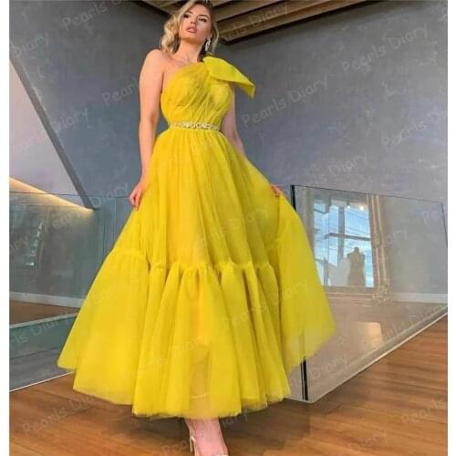 Elegant Long Tulle Yellow Evening Dresses Long One Shoulder Tea Length Zipper Back Abendkleider Robes de Soirée for Women