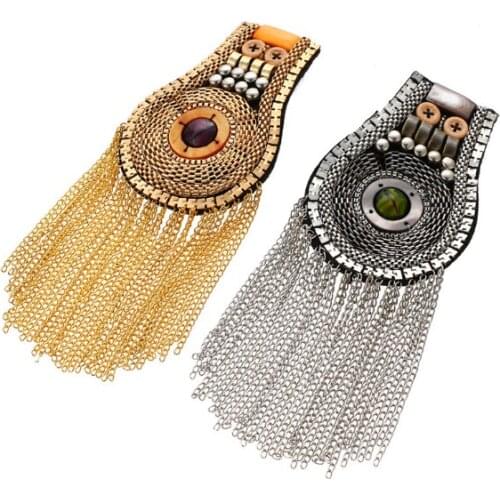 2pcs Handmade Fashion Tassel Chain Shoulder Board Badges Beads Fabric Metal Epaulet Epaulette Military Pin on Brooch Medal