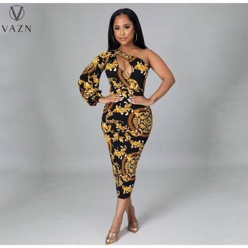 VAZN 2021 Autumn Sexy Club Hollow Out Retro Sexy Club Long Dress One Off Shoulder Full Sleeve Women Midi Dress Vestido
